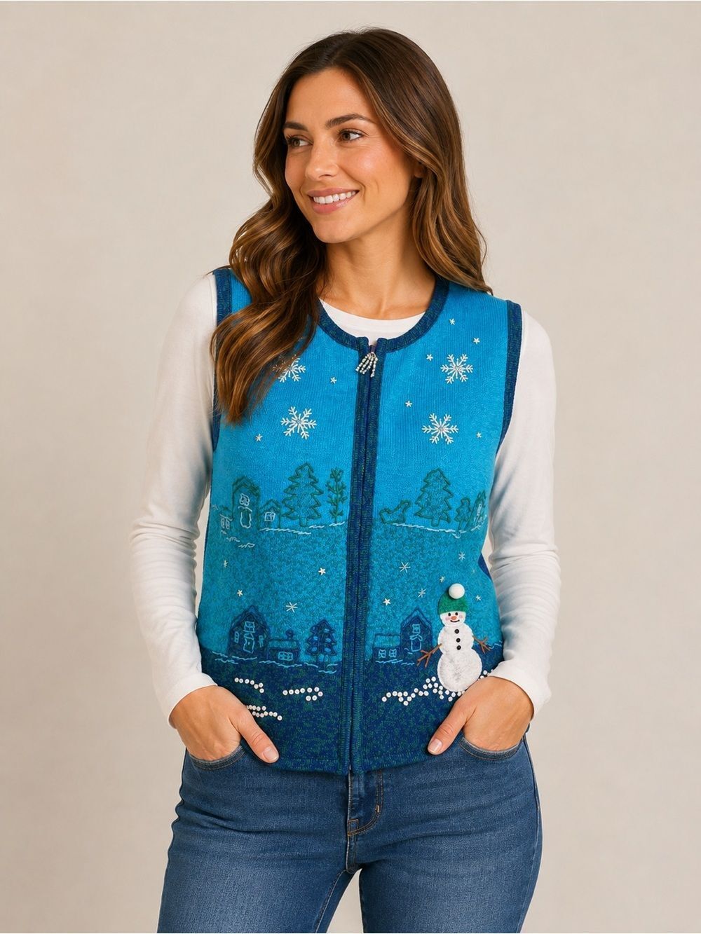 NWOT Quacker Factory Blue Christmas Holiday Winter Full Zip Vest Size 2X